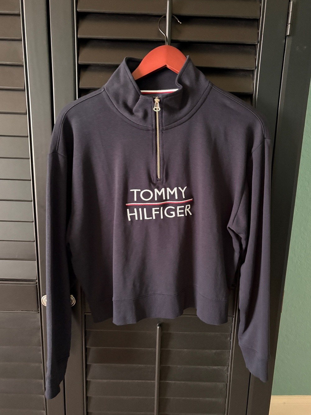 Tommy Hilfiger Women's Navy Quarter-Zip Logo  crop Sweater